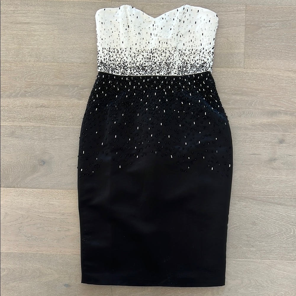 Parker White and Cream Sequin Strapless Bodycon Dress